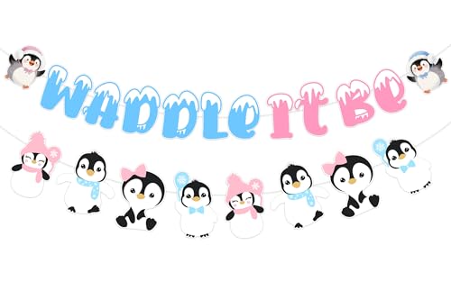 kreat4joy Pinguin Gender Reveal Dekoration, Waddle It Be Banner Pinguin Thema Girlande Rosa Blau für Winter Schneeflocke Wunderland Geschlecht Enthüllung Babyparty Dekoration von kreat4joy