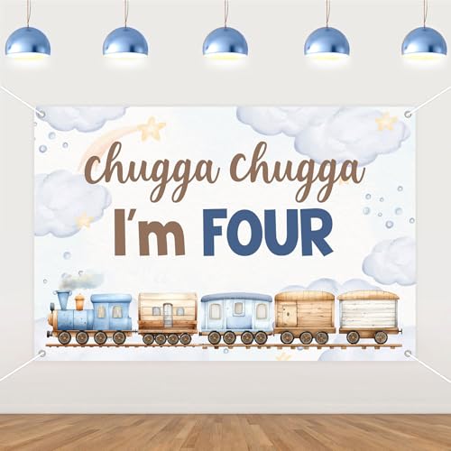 kreat4joy Zug 4. Geburtstag Dekoration Junge, Chugga Chugga I'm Four Hintergrund Banner 5 × 90 cm blauer Hintergrund Requisiten für Retro Zug Choo Choo 4. Geburtstag Party Dekoration von kreat4joy