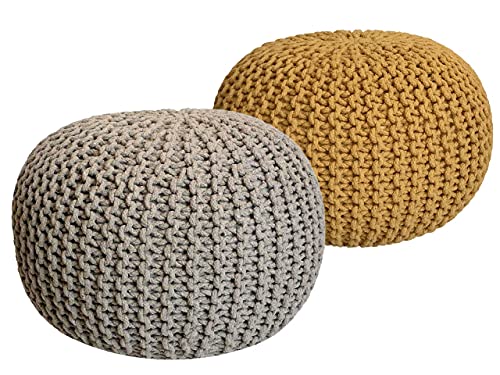 Pouf Set 2 Stück Strickhocker Bodenkissen Grobstrick-Optik Ø 55 cm H 37 cm beige & gelb Sitzhocker von kreatives Wohnen