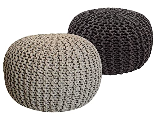 Pouf Set 2 Stück Strickhocker Bodenkissen Grobstrick-Optik Ø 55 cm H 37 cm beige & grau Sitzhocker von kreatives Wohnen