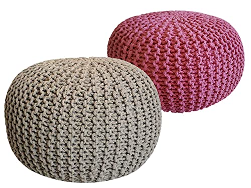 Pouf Set 2 Stück Strickhocker Bodenkissen Grobstrick-Optik Ø 55 cm H 37 cm beige & pink Sitzhocker von kreatives Wohnen