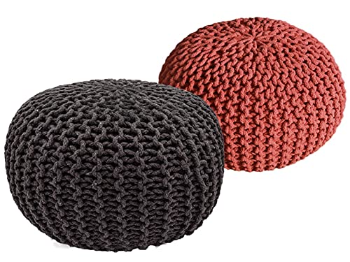 Pouf Set 2 Stück Strickhocker Bodenkissen Grobstrick-Optik Ø 55 cm H 37 cm grau & Terracotta Sitzhocker von kreatives Wohnen