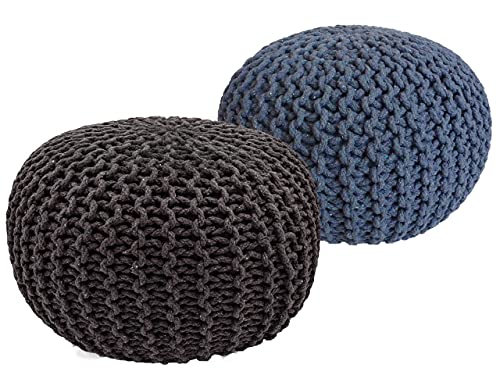 Pouf Set 2 Stück Strickhocker Bodenkissen Grobstrick-Optik Ø 55 cm H 37 cm grau & blau Sitzhocker von kreatives Wohnen