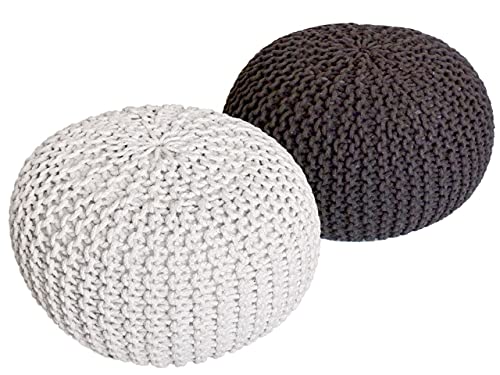 Pouf Set 2 Stück Strickhocker Bodenkissen Grobstrick-Optik Ø 55 cm H 37 cm weiß & Zimt Sitzhocker von kreatives Wohnen