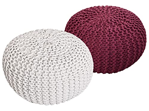 Pouf Set 2 Stück Strickhocker Bodenkissen Grobstrick-Optik Ø 55 cm H 37 cm weiß & bordeux Sitzhocker von kreatives Wohnen