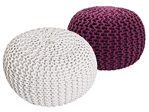 Pouf Set 2 Stück Strickhocker Bodenkissen Grobstrick-Optik Ø 55 cm H 37 cm weiß & violett Sitzhocker von kreatives Wohnen