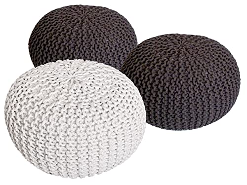 Set 3 Stück Ø 55 cm Strickhocker Sitzhocker Hocker Bodenkissen Grobstrick-Optik braun & braun & weiß Pouf von kreatives Wohnen