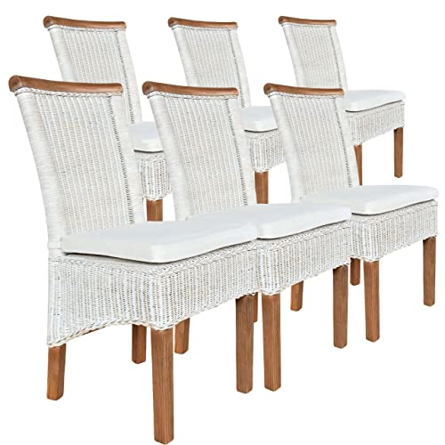 Set Rattanstühle Perth 6 Stück weiß Sitzkissen Leinen weiß mit Sitzkissen Esszimmer-Stühle von kreatives Wohnen