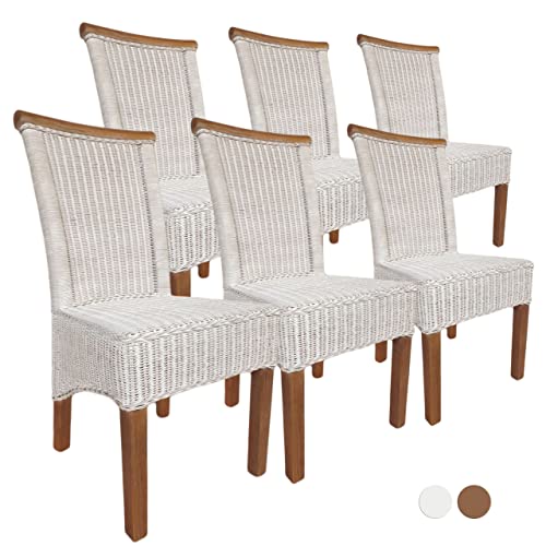 kreatives Wohnen Set Rattanstühle Perth 6 Stück weiß Sitzkissen Leinen weiß ohne Sitzkissen Esszimmer-Stühle von kreatives Wohnen