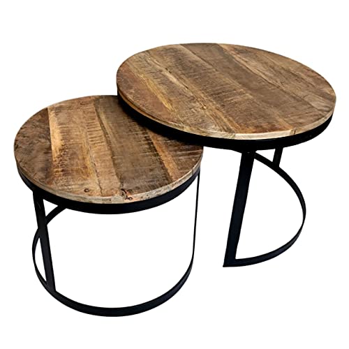 kreatives Wohnen Couchtisch 2er Set Beistelltisch Wohnzimmer-Tisch rund Austin Metall-Gestell Altsilber o, Holz, schwarz matt-Tabacco, Extra breit von kreatives Wohnen