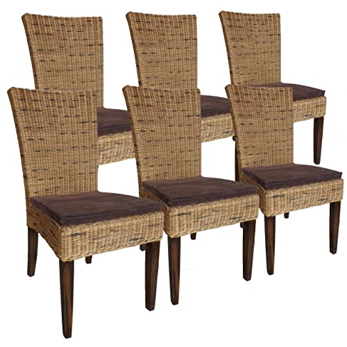 kreatives Wohnen Esszimmer Stühle 6er Set Rattanstühle Wintergarten Korbstühle Cardine Cabana Sitzkissen braun, Holz, Extra breit von kreatives Wohnen