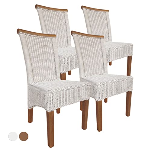 kreatives Wohnen Esszimmer-Stühle Set Rattanstühle Perth 4 Stück Sitzkissen Leinen weiß, Holz, Extra breit von kreatives Wohnen