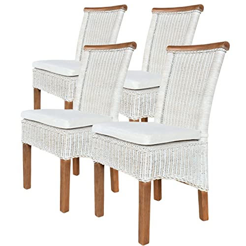 kreatives Wohnen Esszimmer-Stühle Set Rattanstühle Perth 4 Stück Sitzkissen Leinen weiß, Holz, Extra breit von kreatives Wohnen