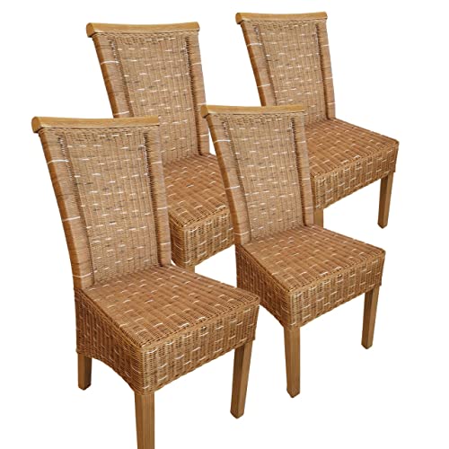 kreatives Wohnen Esszimmer-Stühle Set Rattanstühle Perth 4 Stück braun Sitzkissen Leinen weiß, Holz, Extra breit von kreatives Wohnen