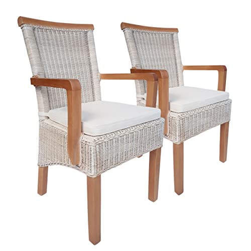 kreatives Wohnen Esszimmer Stühle Set mit Armlehnen 2 Stück Rattanstühle Perth mit Sitzkissen Leinen weiß, Holz, Extra breit von kreatives Wohnen