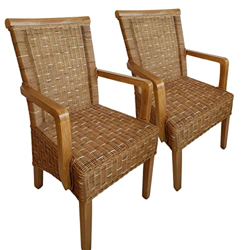 kreatives Wohnen Esszimmer Stühle Set mit Armlehnen 2 Stück Rattanstuhl braun Perth ohne Sitzkissen, Holz, Extra breit von kreatives Wohnen