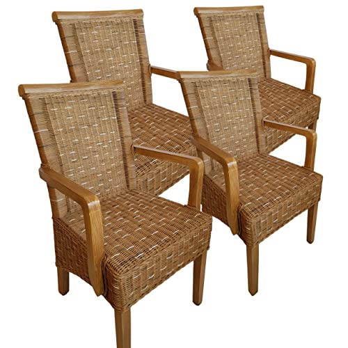 kreatives Wohnen Esszimmer Stühle Set mit Armlehnen 4 Stück Rattanstühle braun Perth ohne Sitzkissen, Holz, Extra breit von kreatives Wohnen