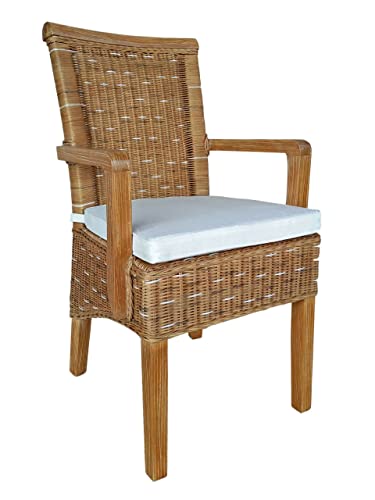 kreatives Wohnen Esszimmer-Stuhl mit Armlehnen Rattanstuhl braun Perth mit Sitzkissen Leinen Weiss, Holz, Extra breit von kreatives Wohnen
