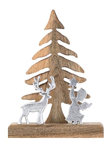 kreatives Wohnen Holzfigur Weihnachtsbaum mit Hirsch u. Engel 20x27cm Weihnachtsdeko Mangoholz Aluminium von kreatives Wohnen