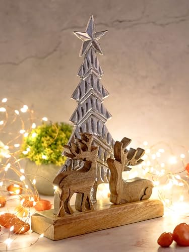 kreatives Wohnen Weihnachtsbaum mit Hirschen 20x31cm Weihnachtsdeko Mangoholz Aluminium von kreatives Wohnen
