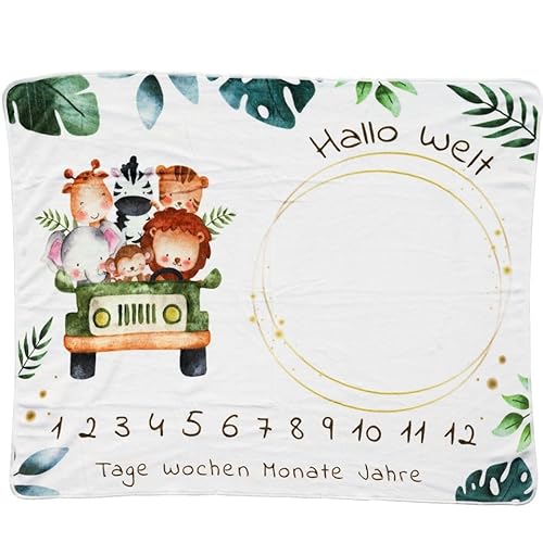 kreativherz - Premium Baby Meilenstein Decke Tier-Motiv „Safari“ 120x100cm extra Weich nach OekoTex geprüft - Meilensteindecke Monatsdecke für Baby & Kinder - Babydecke Decke für Neugeborene von kreativherz