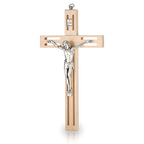 Wandkreuz Kruzifix modernes Design durchbrochen Holz Natur Christus Körper Metall Silber 20 cm Holzkreuz Schmuckkreuz von kruzifix24 Devotionalien