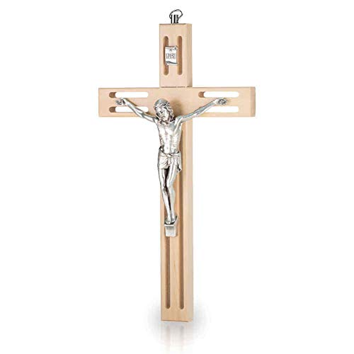 Wandkreuz Kruzifix modernes Design durchbrochen Holz Natur Christus Körper Metall Silber 25 cm Holzkreuz Schmuckkreuz von kruzifix24 Devotionalien