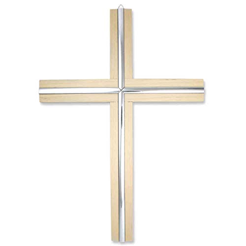 kruzifix24 Devotionalien Wandkreuz Fichte Natur modern mit Silberstäben als Kreuzauflage 30 x 21,5 x 2 cm Schmuckkreuz Holzkreuz von kruzifix24 Devotionalien