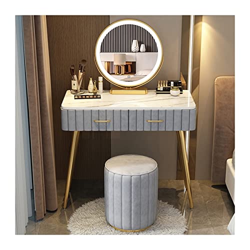 Schminktisch Schlafzimmer Kommode Einfache Marmor Arbeitsplatte Schminktisch Schminkspiegel Hocker Set Waschtisch Zum Anziehen(Gray Round Stool,100cm) von ksjdieunf