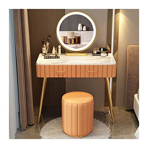 Schminktisch Schlafzimmer Kommode Einfache Marmor Arbeitsplatte Schminktisch Schminkspiegel Hocker Set Waschtisch Zum Anziehen(Orange Round Stool,80cm) von ksjdieunf