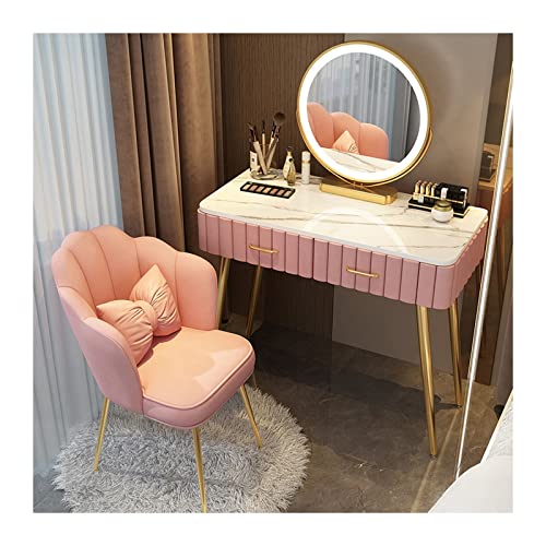 Schminktisch Schlafzimmer Kommode Einfache Marmor Arbeitsplatte Schminktisch Schminkspiegel Hocker Set Waschtisch Zum Anziehen(Pink Chair,80cm) von ksjdieunf