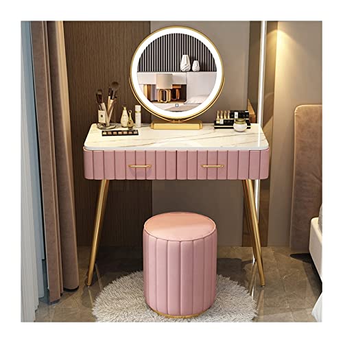 Schminktisch Schlafzimmer Kommode Einfache Marmor Arbeitsplatte Schminktisch Schminkspiegel Hocker Set Waschtisch Zum Anziehen(Pink Round Stool,80cm) von ksjdieunf