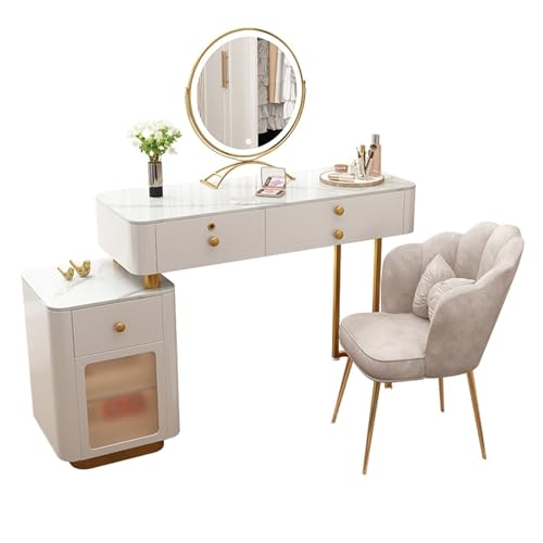 ksjdieunf Schminktisch Moderner Schminktisch, ausziehbarer mit Nachttisch, rundem Spiegel und geräumigen Schubladen for das Damenschlafzimmer Waschtisch Zum Anziehen von ksjdieunf