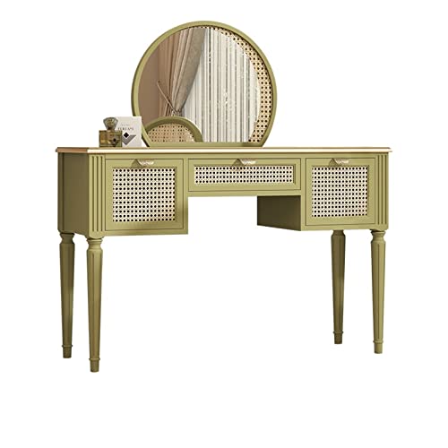 ksjdieunf Schminktisch Rattan-Kommode, großer Aufbewahrungs-Schminktisch mit großem Spiegel, 3 Schubladen, Blattgriffe aus Messing Waschtisch Zum Anziehen(A) von ksjdieunf
