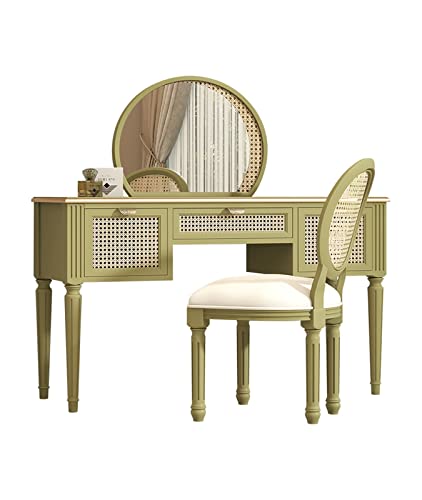 ksjdieunf Schminktisch Rattan-Kommode, großer Aufbewahrungs-Schminktisch mit großem Spiegel, 3 Schubladen, Blattgriffe aus Messing Waschtisch Zum Anziehen(B) von ksjdieunf