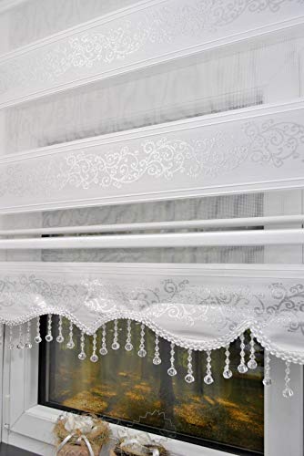 kskeskin Duo Rollo 200 cm x 200 cm mit Alukassette weiß silberranken mit breiter Beschwerung und Perlen Volant von kskeskin