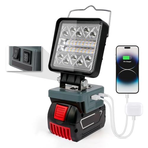 Akku Lampe Für Bosch 18V, Arbeitsleuchte Schnurloser mit USB & Type-C Anschluss, 7-16.5W 140° Drehbarer LED Strahler 6 Modi Helligkeit, Baustellen Lampe(700-1500lm, 33m Leuchtweite, Ohne Akku) von kswiown