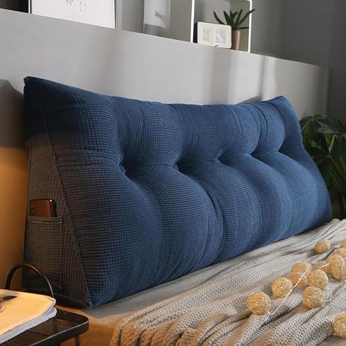 ksxnkhk Dreieckiges Kopfteilkissen, gepolstertes Keil-Lesekissen, weiches Cord-Rückenkissen für großes Kingsize-Doppelbett, abnehmbares Stützkissen für die Rückenlehne, blau, 80 x 50 x 20 von ksxnkhk