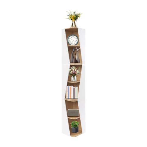 ksxnkhk Eckregal mit 6 Ebenen, Bücherregal aus Holz mit stapelbarem Lagerregal, hoher freistehender Display-Organizer für kleine Räume, Wohnzimmer, Schlafzimmer, Büro (Weiß und Holzfarbe, von ksxnkhk