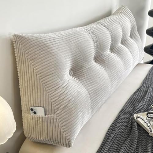 ksxnkhk Kopfteilkissen fürs Bett, dreieckiges Keilkopfteil, großes Nackenrollenkissen, abnehmbar mit Seitentaschen, Leserückenkissen zum Sitzen im Bett, Beigegrau, 60 * 50 20 cm von ksxnkhk