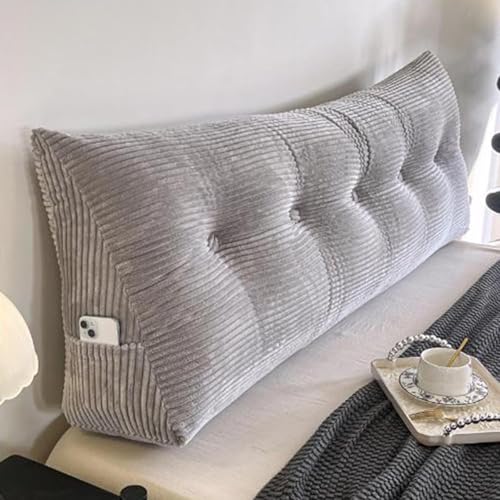 ksxnkhk Kopfteilkissen fürs Bett, dreieckiges Keilkopfteil, großes Nackenrollenkissen, abnehmbar mit Seitentaschen, Leserückenkissen zum Sitzen im Bett, Hellgrau, 80 * 50 20 cm von ksxnkhk