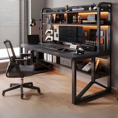 ksxnkhk Rechteckiger Büroschreibtisch aus Holz, moderner Computerschreibtisch mit Bücherregal, Schreib- und Metallrahmen für Zuhause (Schreibtisch 1 Stuhl – 47,2" L x 23,6" B x 59,1" H) von ksxnkhk