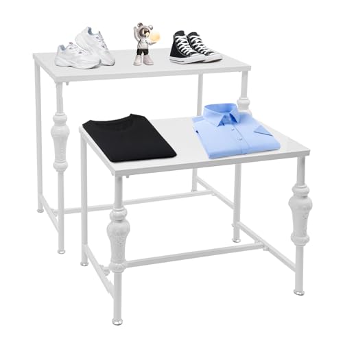 ksxnkhk Tavoli espositivi industriali per negozi, 2 pezzi, ripiani in Metallo per Scarpe e borse, ripiani impilabili, unità di stoccaggio retrò per negozi di Abbigliamento (Bianco) von ksxnkhk