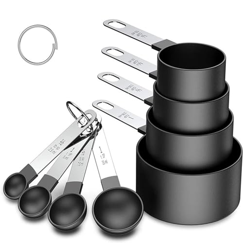 8-teiliges schwarzes Messlöffel-Set mit Edelstahlgriffen, ineinander stapelbare Messbecher und Löffel, unverzichtbare Küchenhelfer zum Kochen und Backen von ktxaby