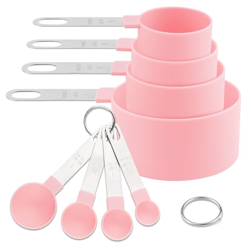 ktxaby 8 Stück Messlöffel Set mit Edelstahlgriff,4 Messbecher und 4 Messlöffel,Messwerkzeug Küche für Backen Kochen Flüssigkeiten und trockene Zutaten(Rosa) von ktxaby