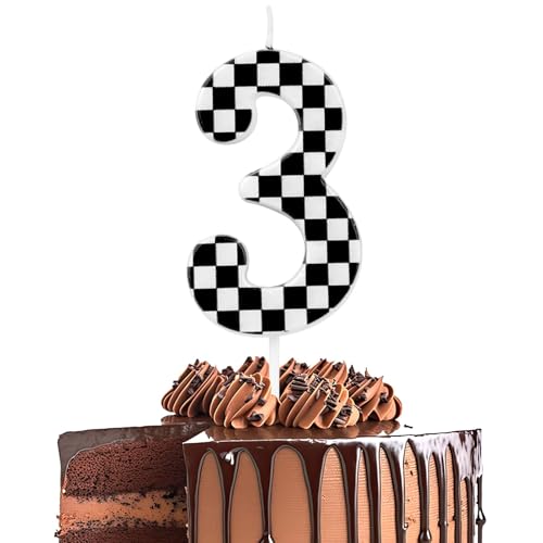 Schwarz Weiß Kariert Nummer 3 Geburtstagskerze, Rennwagen Thema Kuchenkerze Zahlenkerze für Jungen Mädchen 3. Geburtstag Partydekoration Cake Topper Kinder von ktxaby