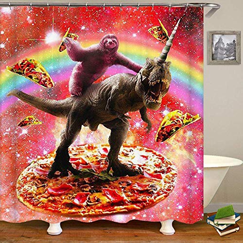 kuanmais Lustige duschvorhang lustige faultier fahrt Dinosaurier und Pizza duschvorhang Badezimmer Dekoration formbeständig wasserdicht mit 12 Haken 150x180cm von kuanmais