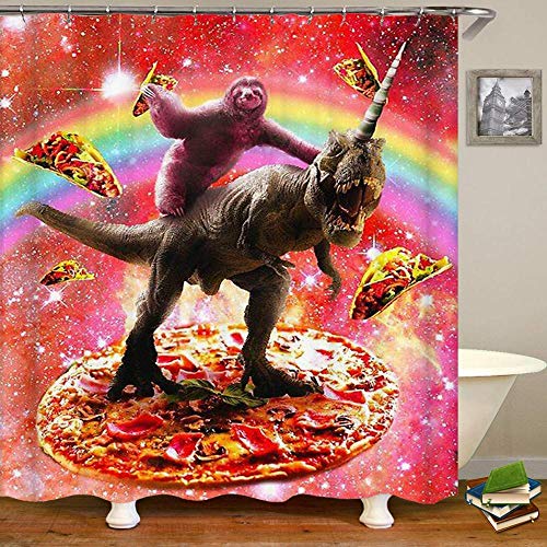 kuanmais Lustige duschvorhang lustige faultier fahrt Dinosaurier und Pizza duschvorhang Badezimmer Dekoration formbeständig wasserdicht mit 12 Haken 180x200cm von kuanmais