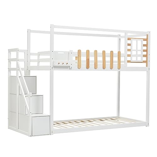 kubeier Etagenbett Hochbett 200x90cm Etagenbett für Kinder Stockbett mit Rausfallschutz und Lattenrost, Treppe, Fenster und Regalkasten, 3 Schließfächer in der Treppe, Weiß von kubeier