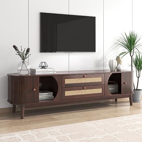 kubeier Großer TV-Schrank TV Stand Sideboard Entertainment Center mit Türen und Schubladen, Fernsehtisch Fernsehschrank Modern mit Rattanseiten, Natürlicher Holz-Blend von kubeier